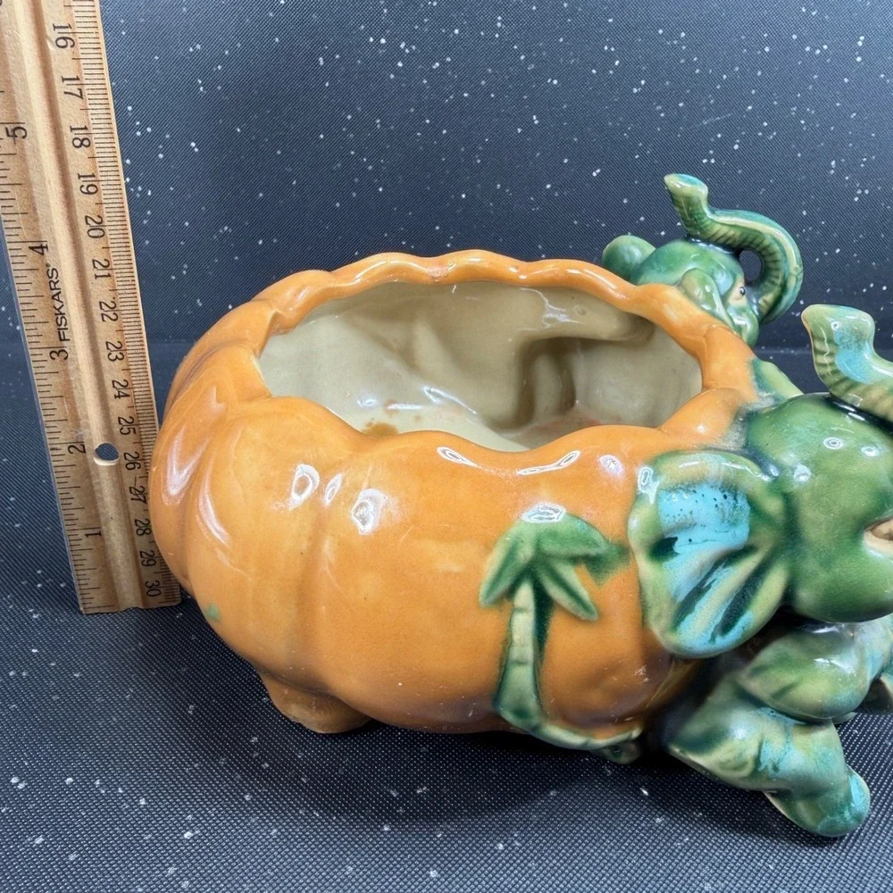 Vintage Majolica Style Elephant Pumpkin Ceramic Planter Green Orange Dish Bowl